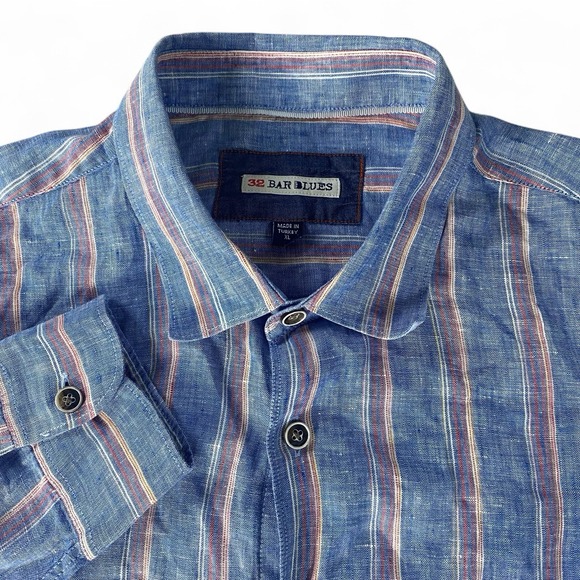 32 Bar Blues 100% Linen Long Sleeve Button Front Shirt Blue Stripe Mens XL - Picture 1 of 8